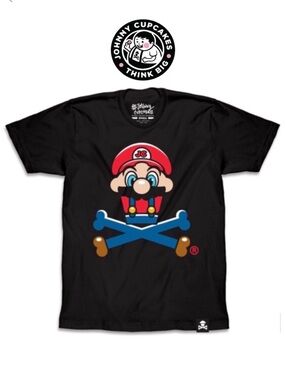 Johnny Cupcakes Tee Shirt Let’s-A-Bake Crossbones Short‎ Sleeve Mario Medium